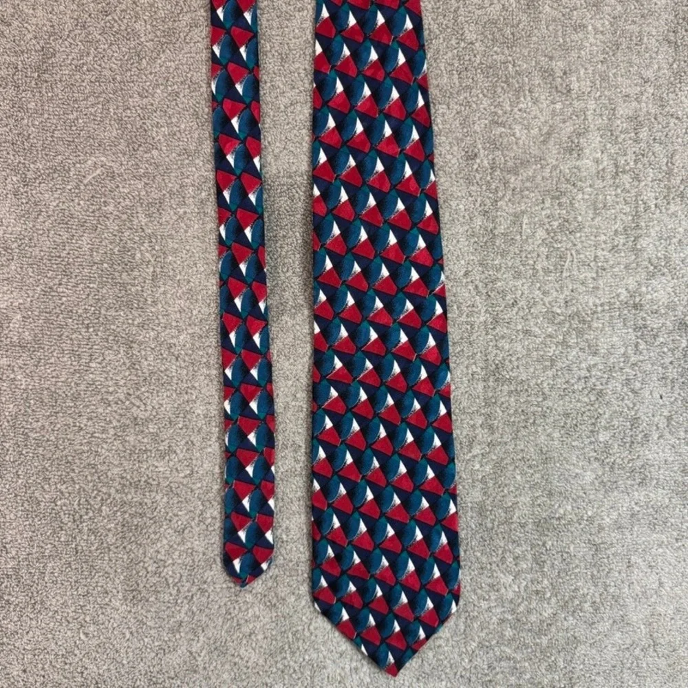 Milano Handmade All Silk Geometric Abstract Mosaic Necktie Red Navy Teal 58in